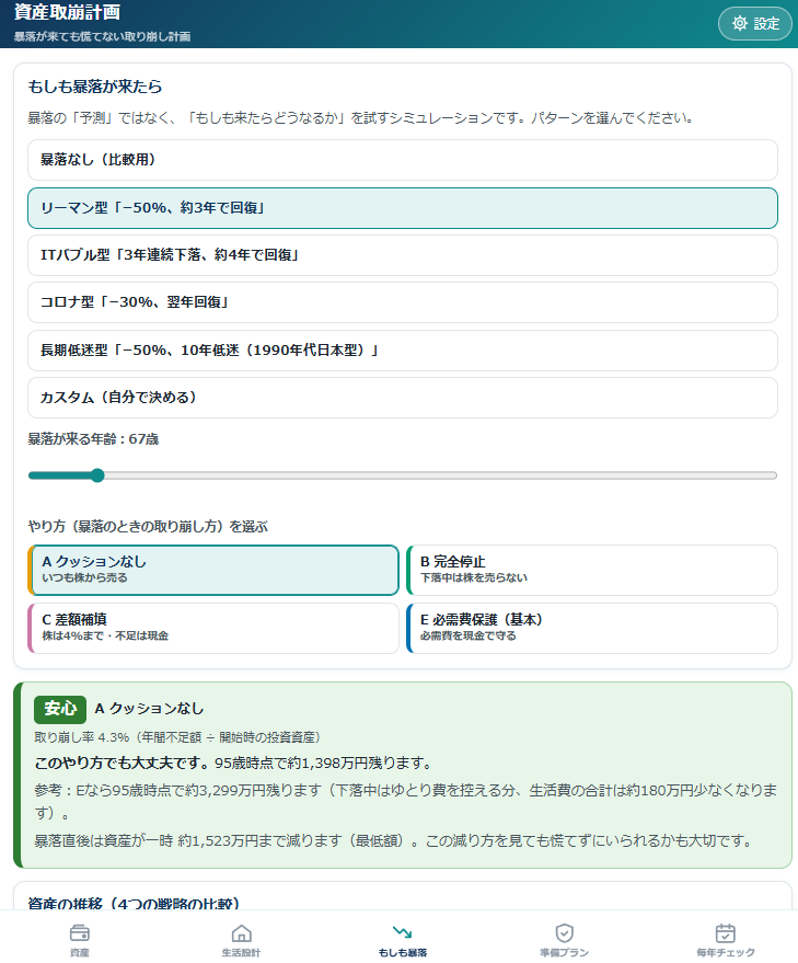 資産取崩計画 もしも暴落シミュレーションの画面